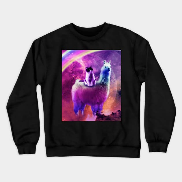 Kitty Cat Riding On Rainbow Llama In Space Crewneck Sweatshirt by Random Galaxy